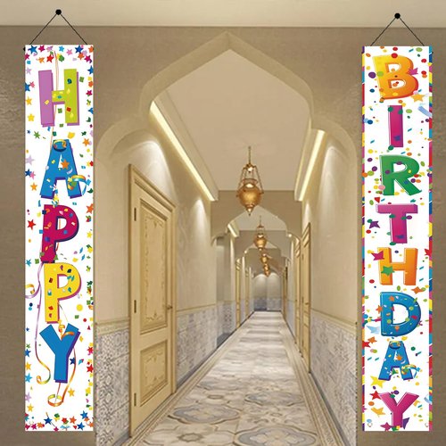 2 Pcs Colorful Happy Birthday Door Banner Happy Birthday Porch Banner Sign Birthday Party Decor Birthday Hanging Decoration for Girls Boys Party Supplies