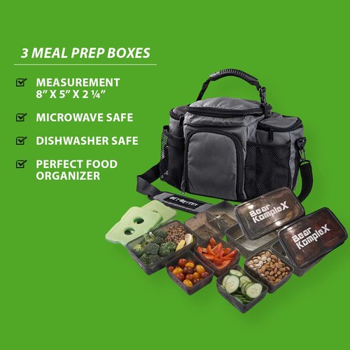 Bear KompleX Insulated Meal Prep Lunch Box for Men, Durable Large Gym Lunch Bag with 3 Stackable Containers & Ice Pack, Waterproof, Dishwasher Safe, Microwave Safe Meal Prep To Go Bag,