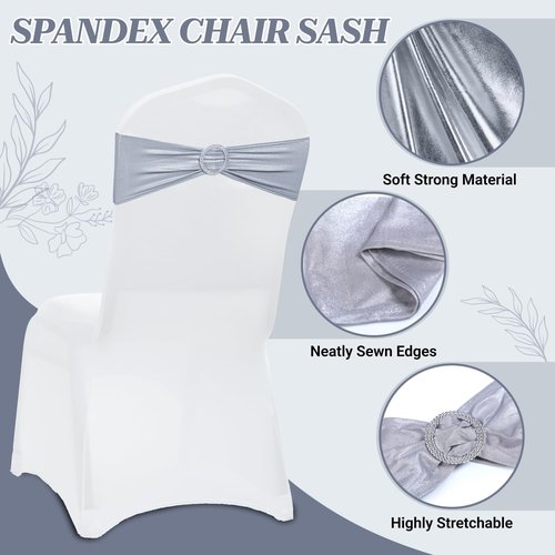 MDS Spandex Foil Chair Sashes - Universal Fit Elastic Stretch Bands with Buckle | Metallic Silver, Pack of 75