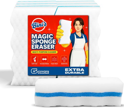BINI'S Magic Sponge Eraser - Extra Durable Multi-Purpose Cleaner Pads | 6 Count for Shoes, Bathrooms & Cars