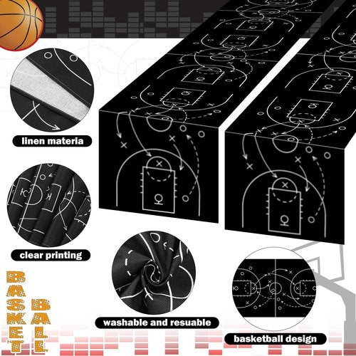 Remagr 2 Pcs Basketball Table Runner Black Tactical Instruction Printed Basketball Birthday Party Decoration Sport Ball Themed Tablecloth Party Supplies for Table Kitchen Dining Room Home Island Decor