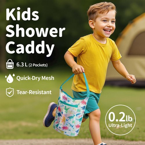 BrainyBees Kids Mesh Shower Caddy - Small Portable Toiletry Tote Bag for Camp Dorm Gym, Quick Dry Hanging Organizer with Zipper Pocket, Black Dinosaur