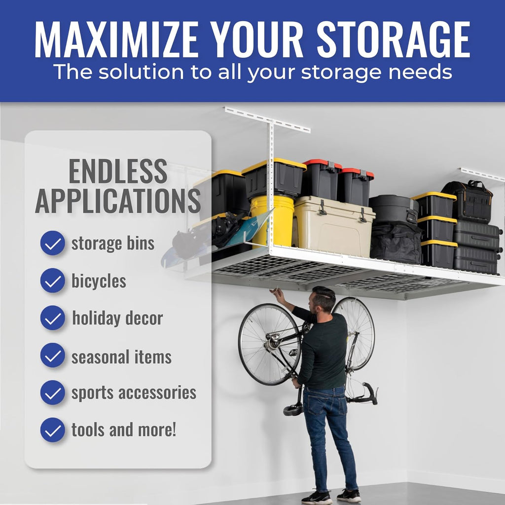SafeRacks Overhead Storage Rack - Adjustable 4 ft x 8 ft | Height 24 in - 45 in, White with 5-Piece Hook Set
