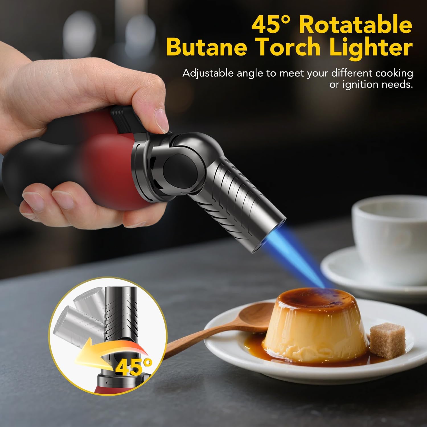 TBTeek Torch Lighter - Portable Kitchen Torch with 45° Rotatable Head & Adjustable Flame | Refillable Butane for Cooking, BBQ, Fireplaces - Red-Black