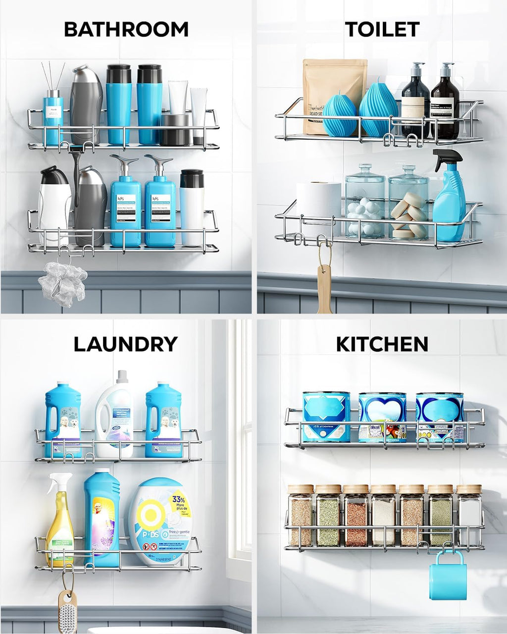 Nieifi Shower Caddy Shelf - Adhesive Stainless Steel Storage Rack with Hooks | 2 Pack for Bathroom & Kitchen