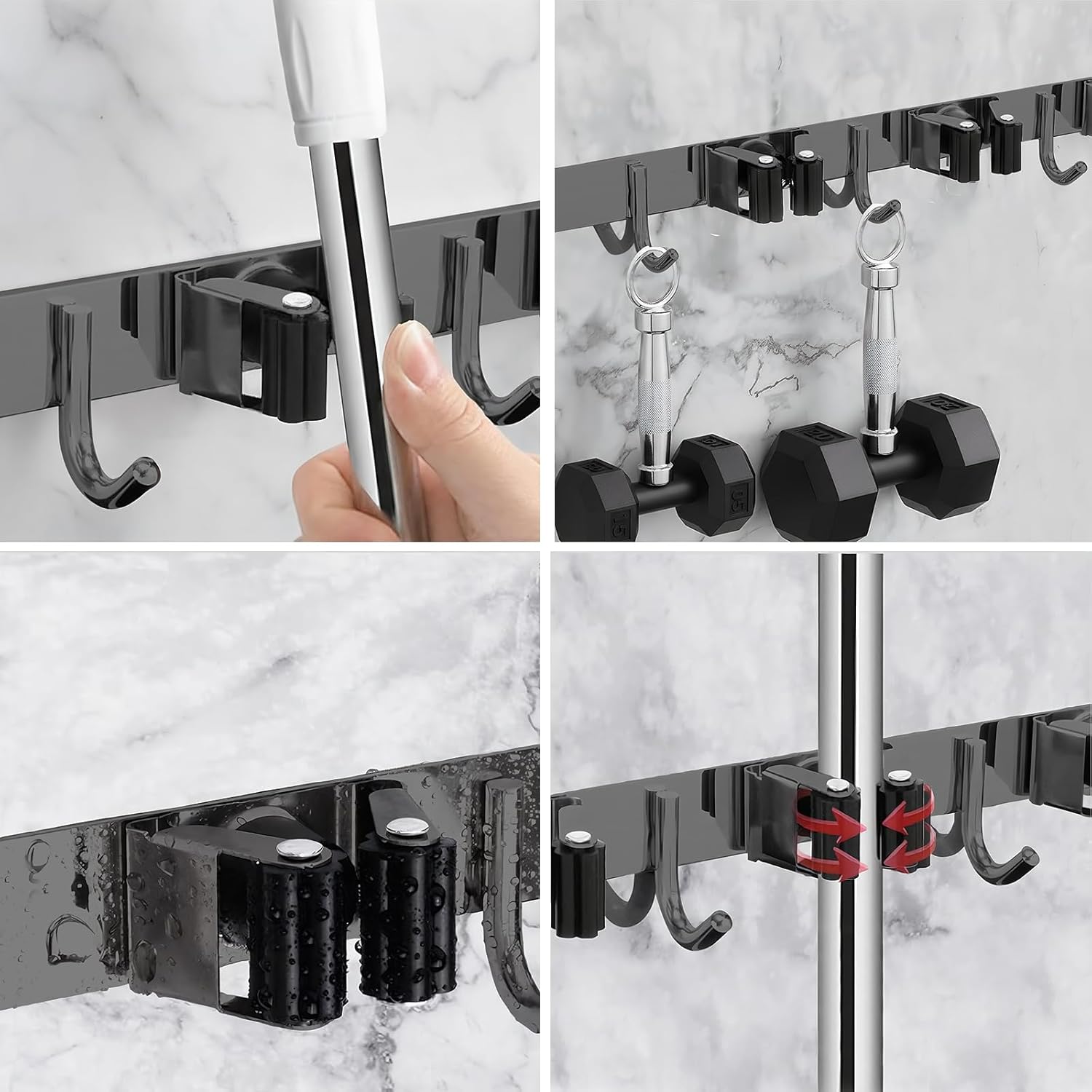 Skiennix Mop and Broom Holder - Heavy Duty Wall Mount Organizer with 5 Racks & 4 Hooks | Non-Slip, Self-Adhesive