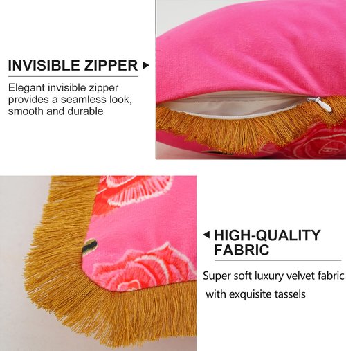 Tiger Floral Velvet Decorative Throw Pillow Cover 20x20 In Pink Pillow Covers Flower Animal Print Tiger Cushion Cover with Tassels Modern Decor Square Pillowcase for Sofa Couch Bedroom Living Room