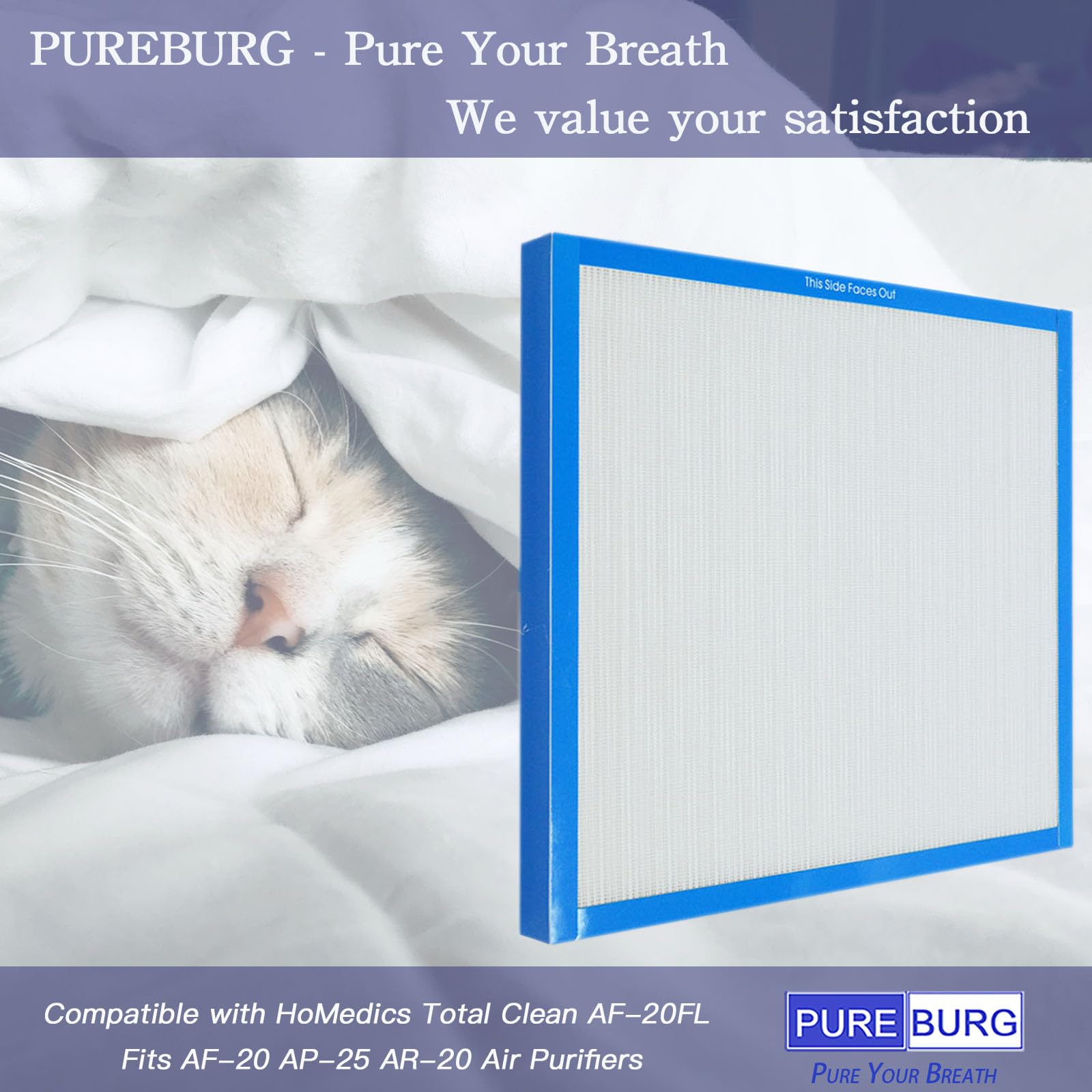 PUREBURG AF-20FL True HEPA Filter Compatible with HoMedics Total Clean AF-20FL Fits AF-20 AP-25 AR-20 Air Purifiers, H13 3-Stage Filtration Air Clean Voc Dust Odor, 2-Pack
