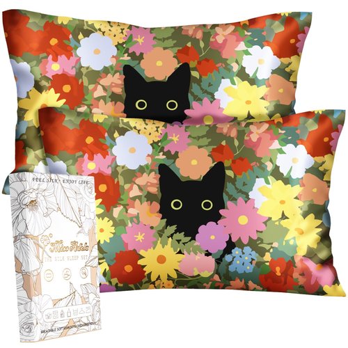 Miss Adola Silk Pillow Cases 2 Pack - Standard Size 20 x 26 Inch Silky Pillowcase for Hair and Skin Soft Cute Aesthetic Bed Sleeping Pillow Cover with Zipper for Women, Cat Flowers