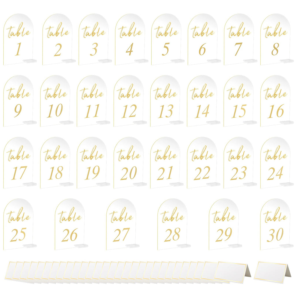 30 Sets Arch Wedding Table Numbers with Stands Gold Printed 1-30 Table Signs Clear Acrylic Table Number Display Stand for Wedding Reception Party Centerpieces Decor (4 x 6 Inch)