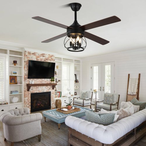 Curve Curio 52 Inch Farmhouse Ceiling Fan with Light and Remote Industrial Ceiling Fan Quiet and Reversible DC Motor Rustic Caged Chandelier Fan for Living Room Bedroom Patio (Caged Frame)