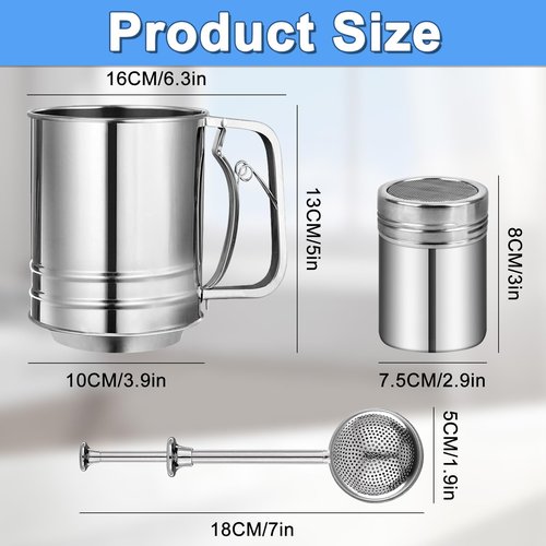Flour Sifter Stainless Steel,3 Cup Flour Sifters for Baking,3 in1 Sifter for Baking with Powdered Sugar Shaker Duster, Flour Shaker Duster for Baking Cakes, Pastries, Pies, Cupcakes and Desserts