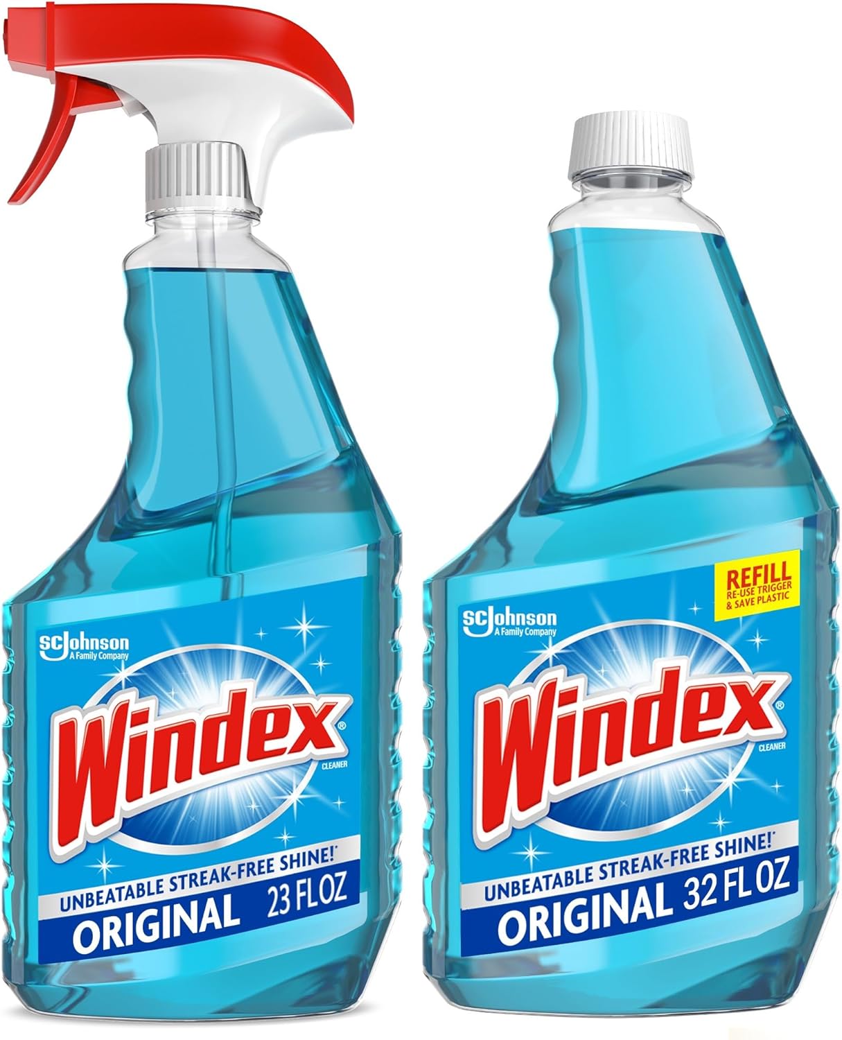 Windex Glass & Window Cleaner Spray Bundle - Original Blue Scent, 23 Fl Oz Spray & 32 Fl Oz Refill