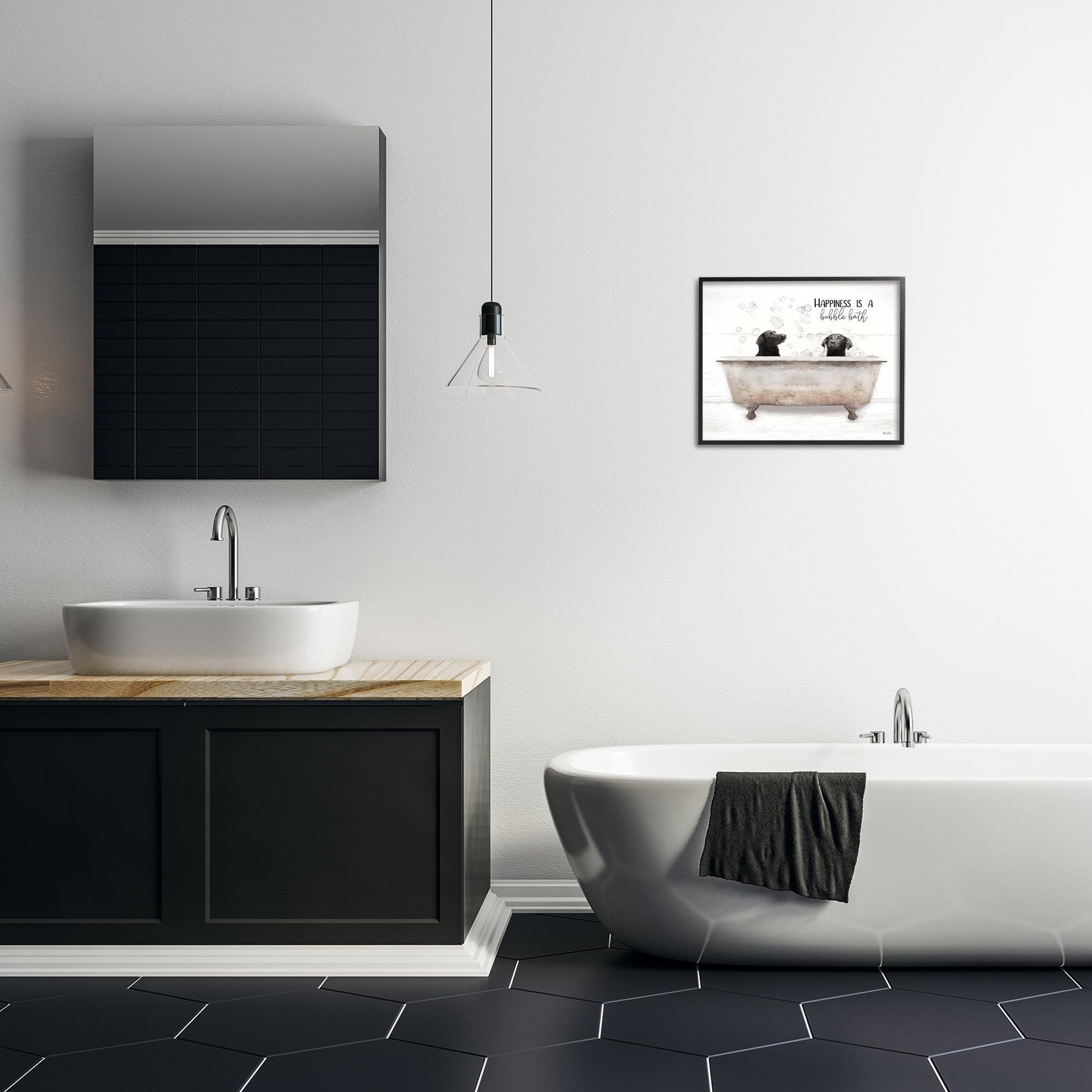 Stupell Industries 'Happiness is a Bubble Bath Dogs', Framed Giclee Art, Black, 20 x 16 Inches, Easy to Hang and Sturdy, Made in USA, by Lori Deiter