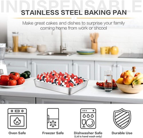 E-far Stainless Steel Baking Pan - 12⅓ x 9¾ x 2 Inch Rectangle Bakeware with Lid | Non-Toxic, Heavy Duty & Dishwasher Safe