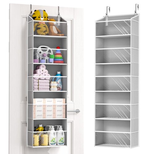 ULG 1-Pack Over Door Organizer with 5 Large Pockets 10 Mesh Side Pockets, 44 lbs Weight Capacity Hanging Storage Organizer with Clear Window for Bedroom Bathroom Kitchen, RV, Camper, Clear Grey