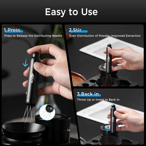 IKAPE Retractable Coffee WDT Tool, One-Press Release Espresso Stirrer Distribution Tool, 0.4mm 8 Adjustable Needles, Even Coffee Grounds Distribution with Stand & Extra Needles