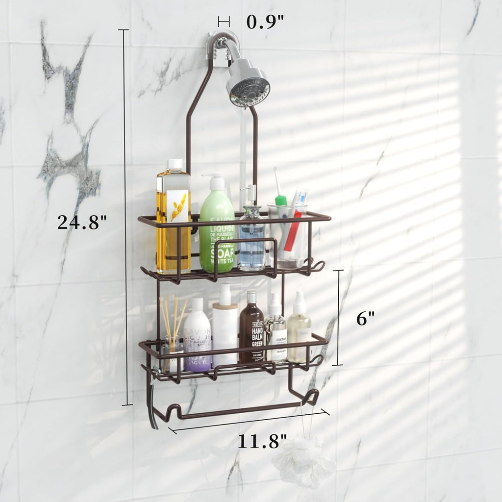 Rustic Bronze Shower Caddy by [Brand Name] - Overhead Organizer with 10 Hooks & Towel Bar