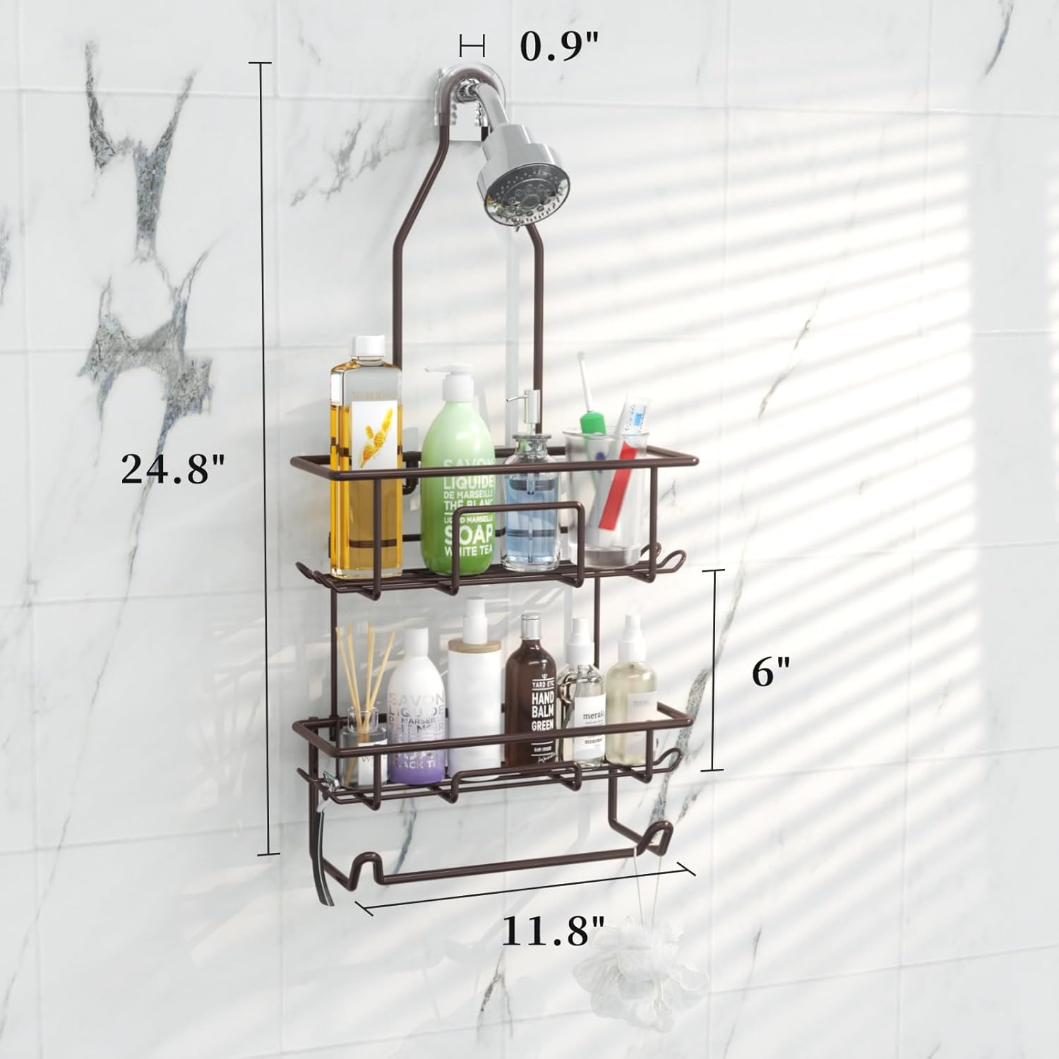 Rustic Bronze Shower Caddy by [Brand Name] - Overhead Organizer with 10 Hooks & Towel Bar