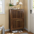 Smart FENDEE Shoe Cabinet with 2 Flip Slatted Drawers, Farmhouse Slim Shoe Organizer Rack with Golden Handles, Freestanding Hidden Entryway Storage for Hallway, Walnut