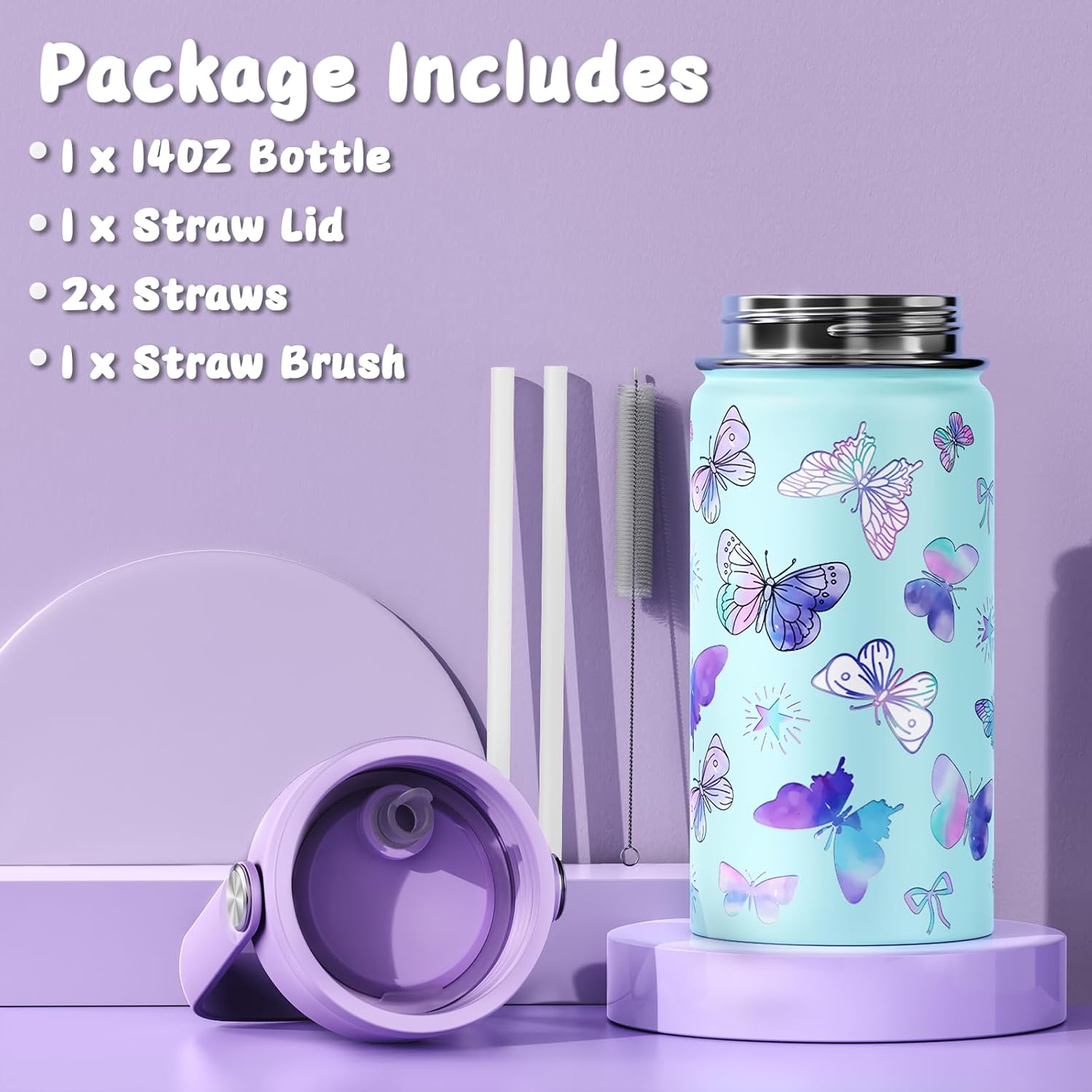 Skiennix 14oz Kids Insulated Water Bottle - Leak-Proof Double Wall Stainless Steel Tumbler (Butterfly)