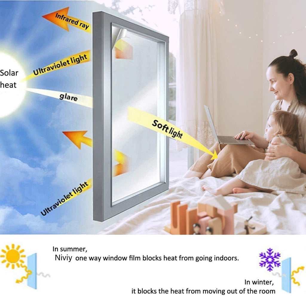 Niviy One Way Window Film Privacy Mirror Effect Self-Adhesive Window Tint UV Heat Control Glass Door Film for Home and Office, Black-Silver 35.4 x 157.4 inches