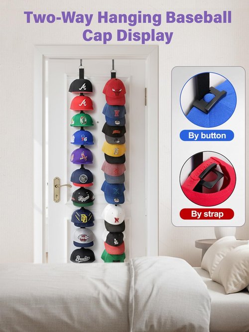 KINEMORA Over-The-Door Cap Organizer, Two-Way Hanging Display Hooks for Baseball Caps, Adjustable No-Glue, No-Drill Space-Saving Hat Rack, Fits Bedroom, Closet, and Entryway Doors, 1 Pack - 10 Hooks