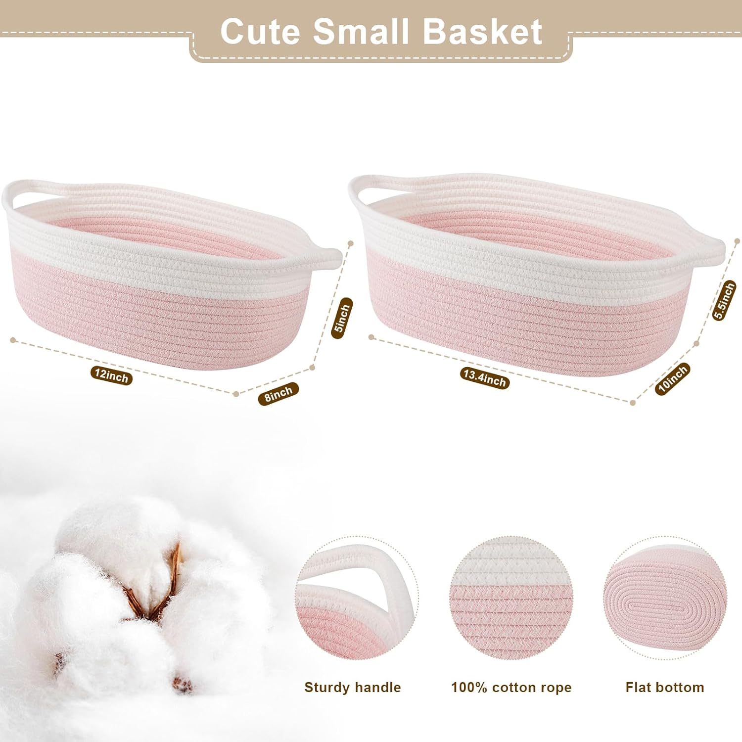 OIAHOMY Small Woven Gift Basket - 12"x8"x5" with Handle, Ribbon & Tissue Paper | Pink & White Dog Toy Organizer