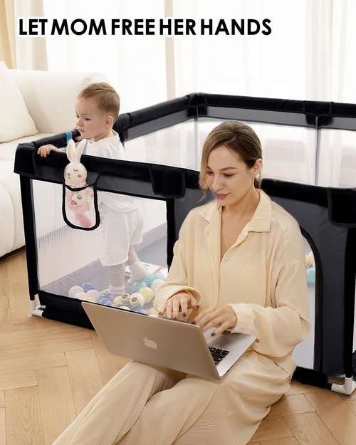 dearlomum Baby Playpen with Non Removable Mat, Extra Large Play Yard for Babies & Toddlers, Portable Travel Playpen, Baby Activity Center for Indoor & Outdoor Use (Black 59"×71")