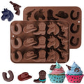 Fuehbur Western Themed Cowboy Candy Silicone Molds 2PCS, Chocolate Jello Moulds with Horse Head Boot Hat Saddle Design, 15 Cavity Ice Mold Pudding Soap Cookie Molds for Cake Desserts Cupcake Making