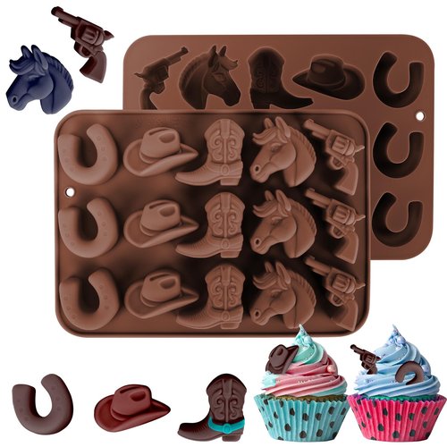 Fuehbur Western Themed Cowboy Candy Silicone Molds 2PCS, Chocolate Jello Moulds with Horse Head Boot Hat Saddle Design, 15 Cavity Ice Mold Pudding Soap Cookie Molds for Cake Desserts Cupcake Making