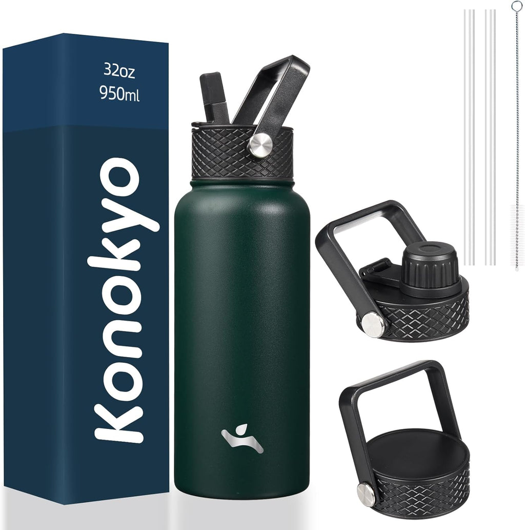 Skiennix 32 oz Insulated Stainless Steel Water Bottle - Durable Sport Bottle with 3 Lids | Army Green