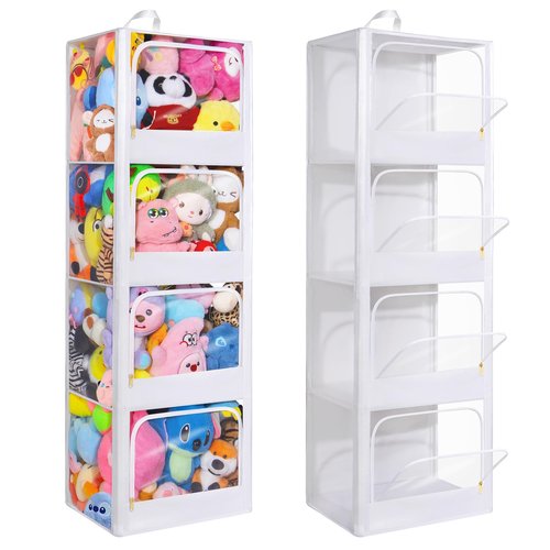 Transparent Dustproof Stuffed Animal Storage - Plushies Storage with Zipper Easy Find Items More Capacity Toy Organizer Horizontal & Vertical Dual-Use 4-Tier Space-Saving Organizer for Kids Room