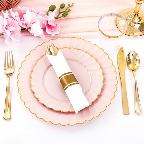 YOUBET 350PCS Pink Scalloped Plastic Plates - Pink and Gold Disposable Dinnerware Set Include 100 Plates, 150 Gold Silverware, 50 Cups, 50 Napkins for Wedding & Party Valentines Day
