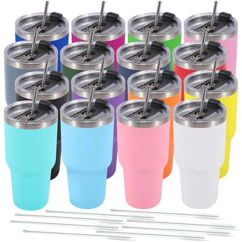 Dongni 30 oz Tumbler with Lid and Straw, Stainless Steel Tumblers Bulk, Insulated Vacuum Double Wall Travel Coffee Mug, Durable Powder Coated Tumbler Cups（Mix 16 pack）