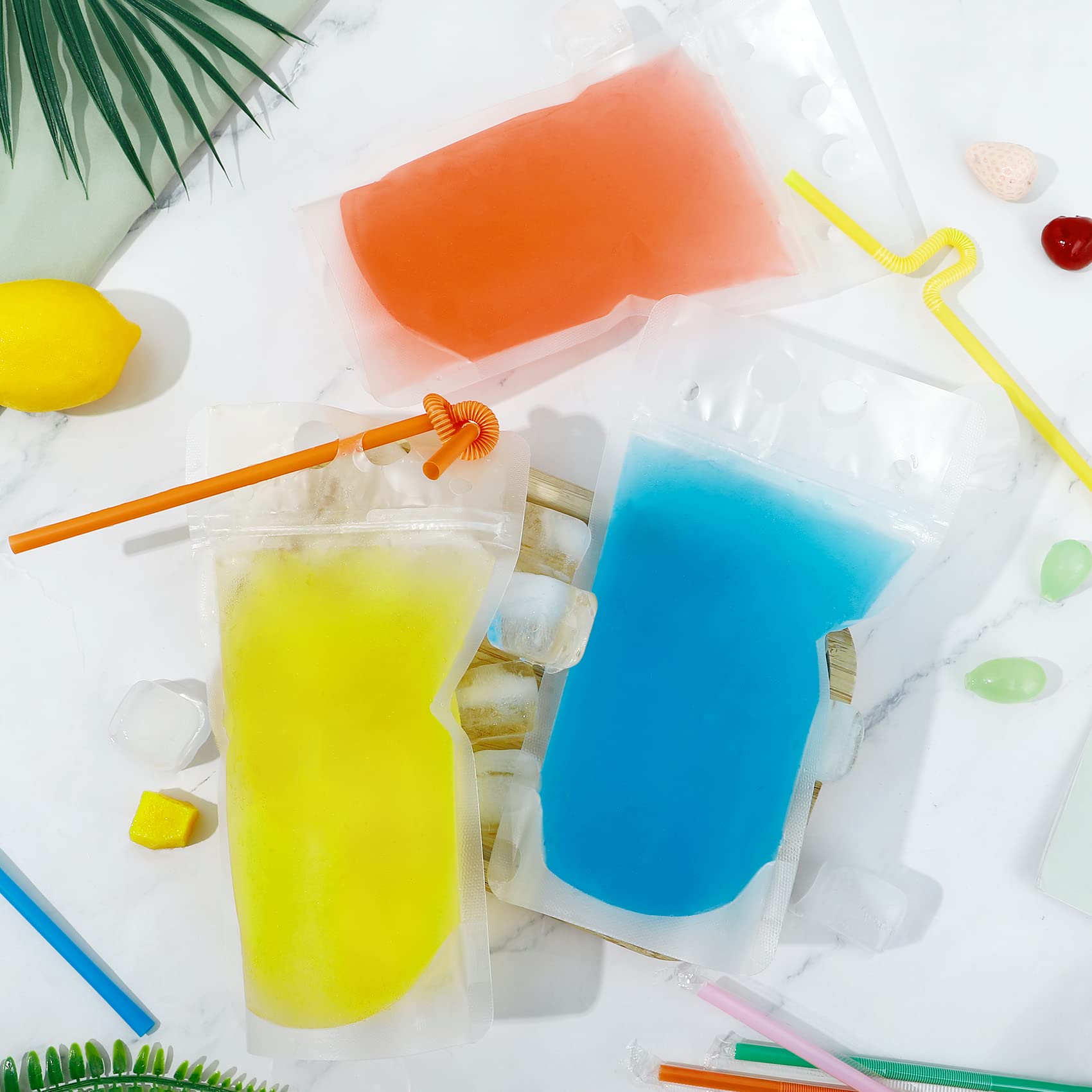 Ouddy 50 Pcs Drink Pouches, Juice Pouches for Adults, Reusable, Reclosable Zipper Smoothie Bags for Cold & Hot Drinks with 50 Straws & Silicone Funnel