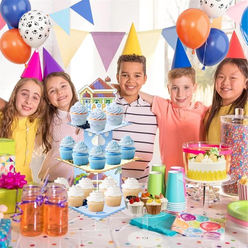 Lukinuo Blue Dog Birthday Party Cake Stand 3 Tier Blue Dog Theme Cupcake Stand Dessert Tower Holder for Baby Shower Birthday Cake Table Dessert Tower Decorations ﻿