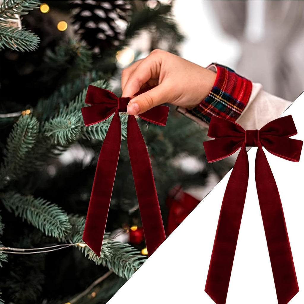 Valentines Tree Decorations - 12 Pcs Wine Red Velvet Ribbon Bows | 5in x 8.7in Xmas Ornaments for Home & Party Decor