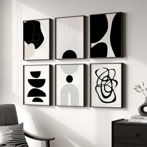 Framed Boho Black and White Abstract Wall Art - Set of 6 Modern Canvas Prints for Home Decor | 11x14 Inch
