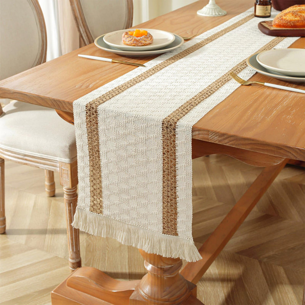 Niviy Boho Table Runner 90 Inches Long Summer Farmhouse Macrame Table Runner Cotton Linen Woven Table Runners for Fall Dining Table Home Baby Bridal Shower Decor , Beige & Brown