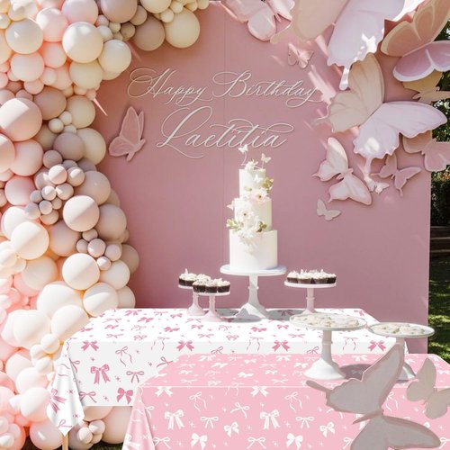 APUXXJUPA 4 Pcs Pink Bow Table Cloths, 51 x 86 '' White and Pink Bow Birthday Decorations for Coquette Birthday Decorations Baby Shower Party Supplies