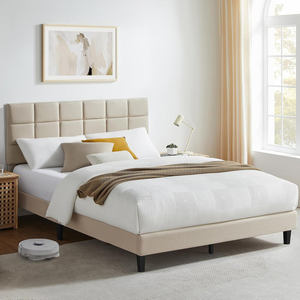 Susalt Queen Size Bed Frame - Upholstered Linen Headboard, Wooden Slats, Easy Assembly, 1000LBS Capacity | Beige