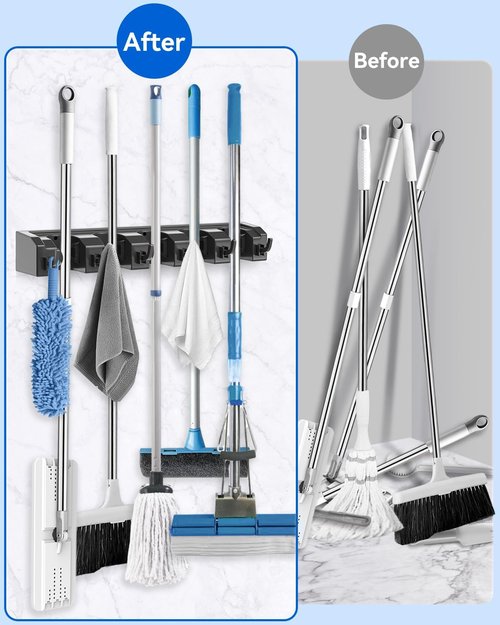 AceMining Broom Holder - Wall Mounted 2 Pack with 5 Holders & 6 Hooks | Durable ABS Plastic, Black