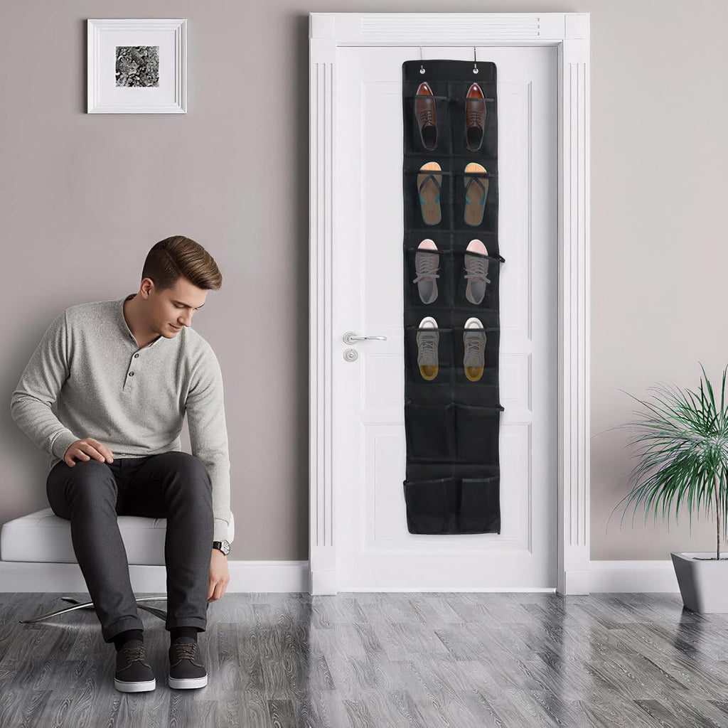 Over The Door Shoe Organizer - 12 Mesh Pockets for Easy Storage | Includes 4 Metal Hooks (Black)