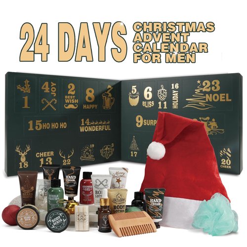 BODY & EARTH 2025 Advent Calendar for Men - 24 Days of Beard Care Gifts with Sandalwood & Cedar Oil