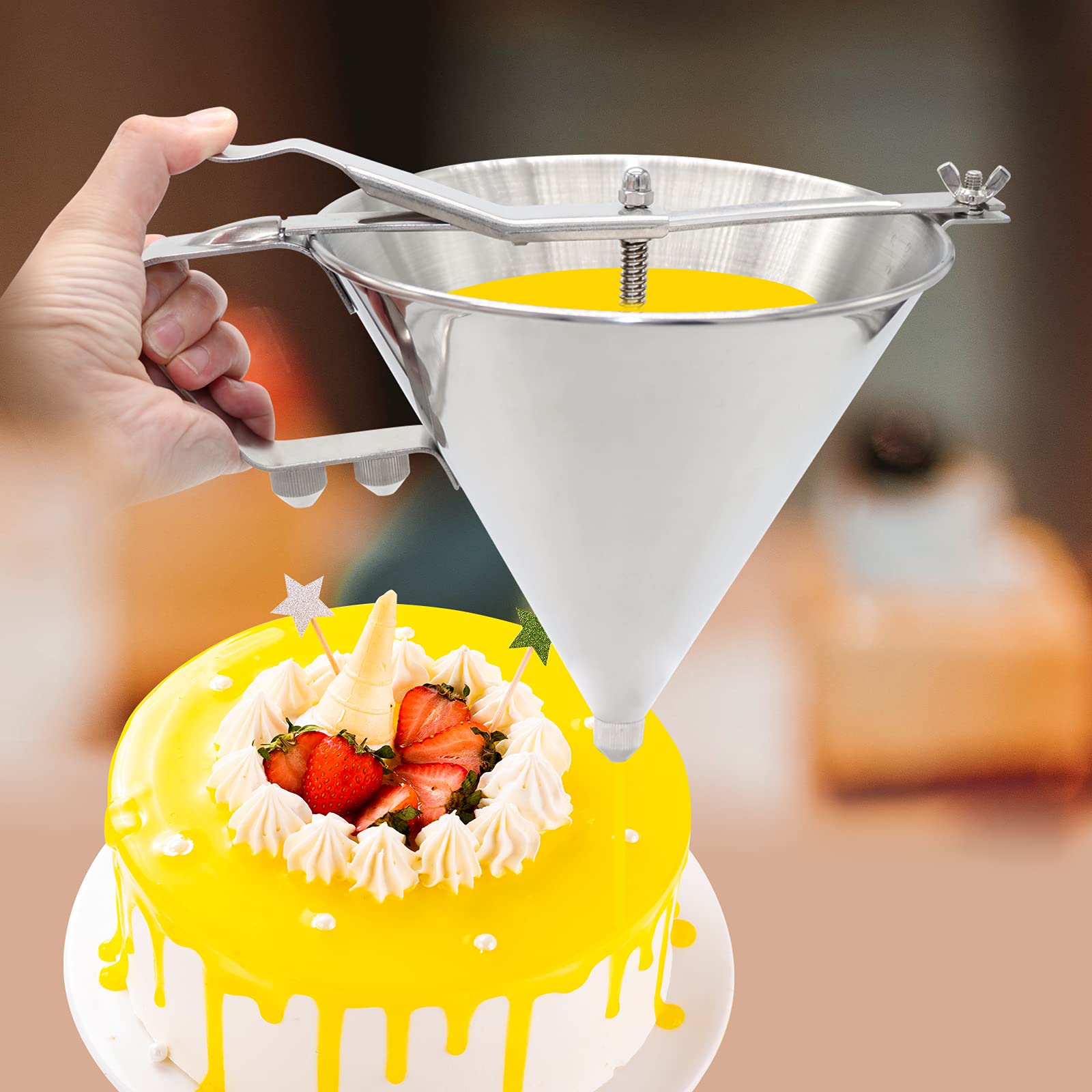 Confectionery Funnel Stainless Steel with Stand and 3 Nozzles, Commercial Grade Cake Decorating Tool Bakery Use, Precise Dispensing and Filling