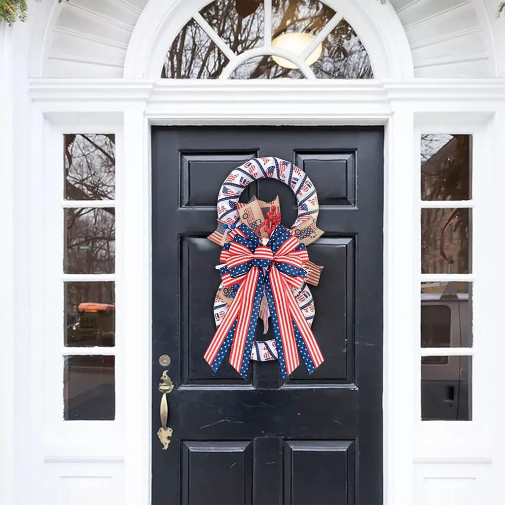 YKW Large Patriotic Bow - American Flag Wreath Decoration for 4th of July & Memorial Day - Classic Blue Design