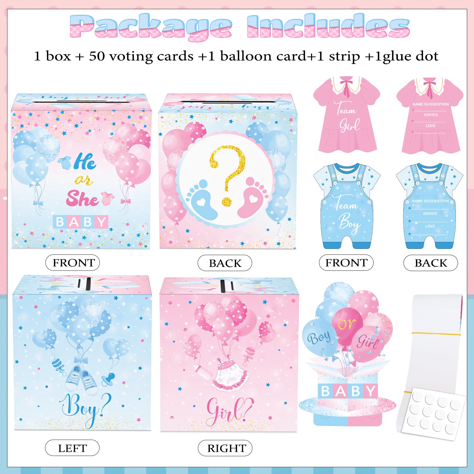 WNINK Baby Gender Reveal Pull Out Game with Voting Box, Gender Reveal Games, Fun Baby Shower Activity Keepsake, 50 Ballot Cards Boy or Girl Voting Box, Boy or Girl Party Supplies