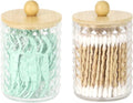 DAPOWER Qtip Holder - Stylish Bathroom Storage Canisters for Cotton Swabs & Balls | Clear & Bamboo Lid, 2 Pack