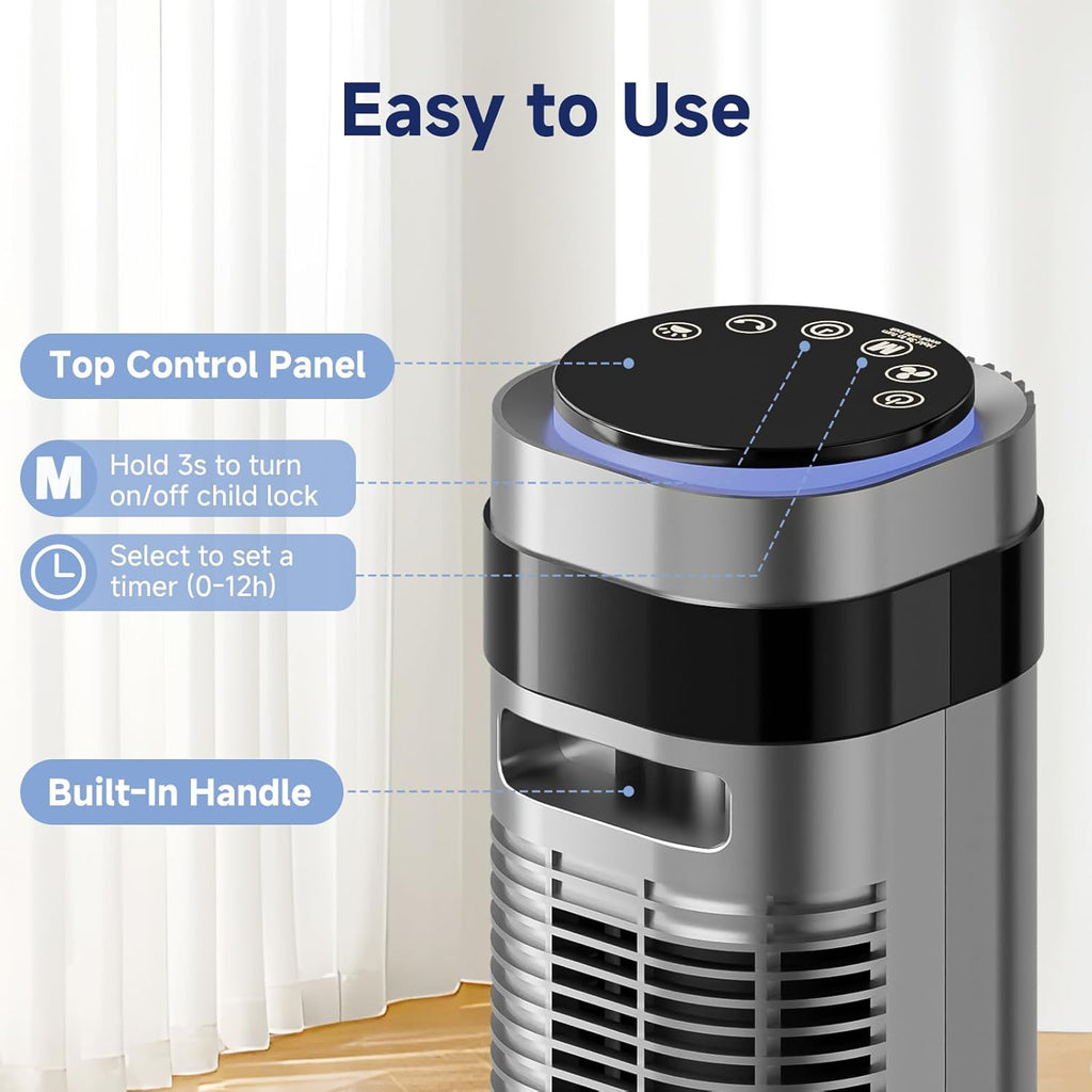 OLIXIS Tower Fan - Quiet 28dB Bladeless Cooling Fan with Remote, 12-Hour Timer, 5 Speeds | Grey